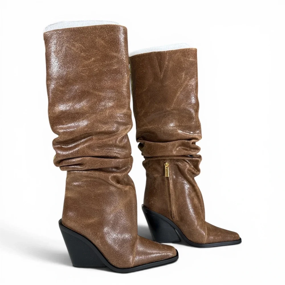 Michael Kors Brown Leather Slouchy Tall Boots Snip Toe Wedge Heel Womens 7M‎ NIB